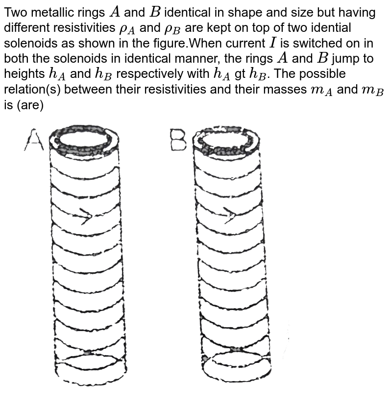 Two metallic rings `A` and `B` identical in shape and size but having different resistivities `rho_(A)` and `rho_(B)` are kept on top of two idential solenoids as shown in the figure.When current `I` is switched on in both the solenoids in identical manner, the rings `A` and `B` jump to heights `h_(A)` and `h_(B)` respectively with `h_(A)` gt `h_(B)`. The possible relation(s) between their resistivities and their masses `m_(A)` and `m_(B)` is (are) <br> <img src="https://d10lpgp6xz60nq.cloudfront.net/physics_images/RES_ELE_PHY_V02_XII_C02_E01_172_Q01.png" width="80%">