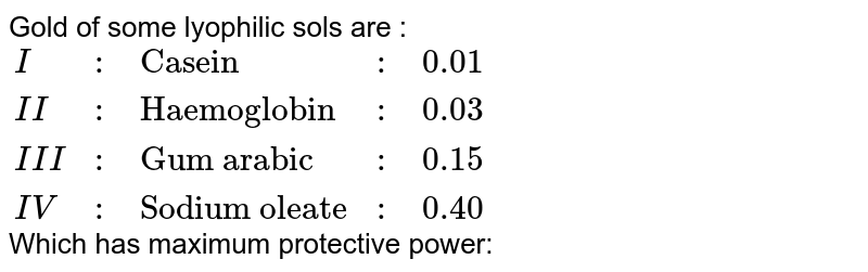 Gold of some lyophilic sols are : <br> `{:(I,:,"Casein",:,0.01),(II,:,"Haemoglobin",:,0.03),(III,:,"Gum arabic",:,0.15),(IV,:,"Sodium oleate",:,0.40):}` <br> Which has maximum protective power: