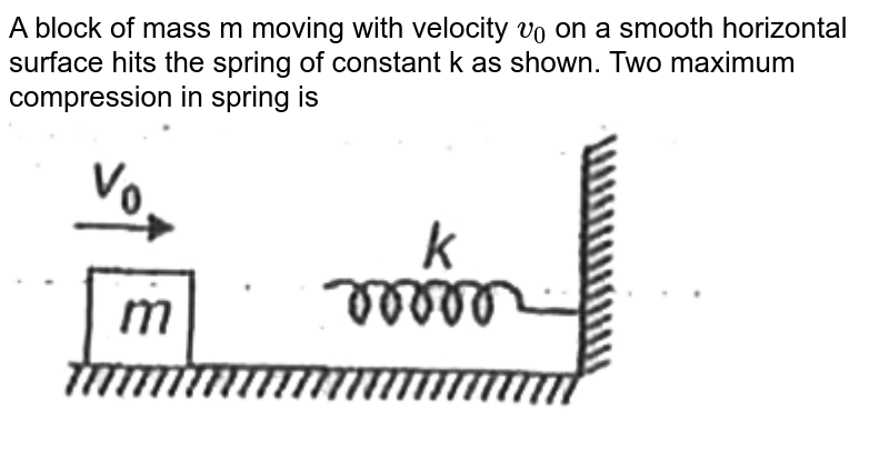 A block of mass m moving with velocity `v_(0)` on a smooth horizontal surface hits the spring of constant k as shown. Two maximum compression in spring is  <br> <img src="https://d10lpgp6xz60nq.cloudfront.net/physics_images/AAK_P2_NEET_PHY_SP2_C06_E03_031_Q01.png" width="80%">