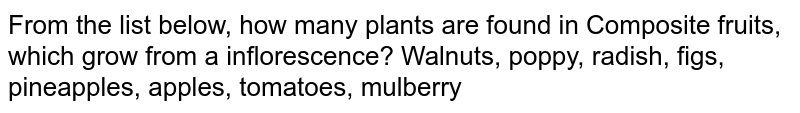 From the list below, how many plants are found in Composite fruits, which grow from a inflorescence? Walnuts, poppy, radish, figs, pineapples, apples, tomatoes, mulberry