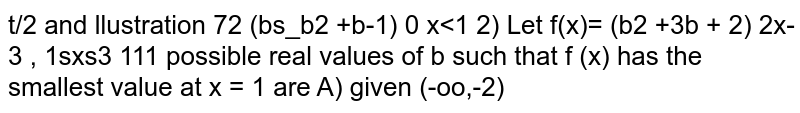 let `f(x)=-x^3+(b^3-b^2+b-1)/(b^2+3b+2)` if `x` is `0` to `1` and `f(x)=2x-3` if `x` if `1` to `3`.All possible real values of `b` such that `f (x)` has the smallest value at `x=1` are