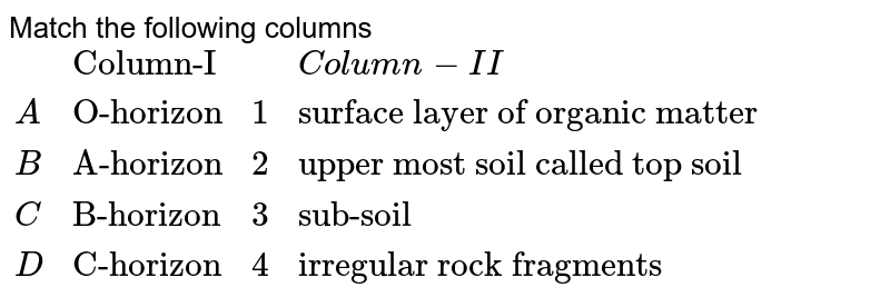 Match the following columns {:("","Column-I","",Column-II),(A,"O-horizon",1,"surface layer of organic matter"),(B,"A-horizon",2,"upper most soil called top soil"),(C,"B-horizon",3,"sub-soil"),(D,"C-horizon",4,"irregular rock fragments"):}
