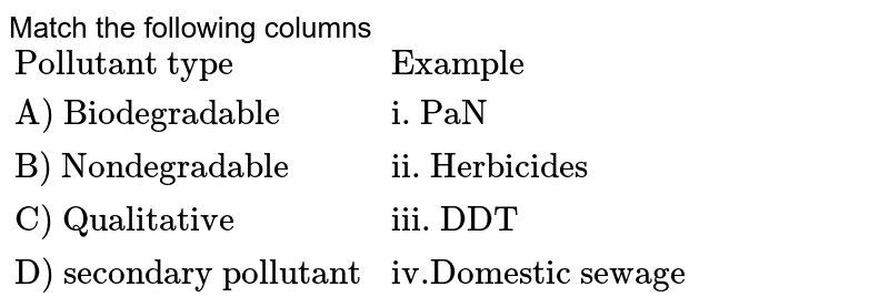 Match the following columns {:("Pollutant type","Example"),("A) Biodegradable","i. PaN"),("B) Nondegradable","ii. Herbicides"),("C) Qualitative","iii. DDT"),("D) Secondary pollutant","iv.Domestic sewage"):}