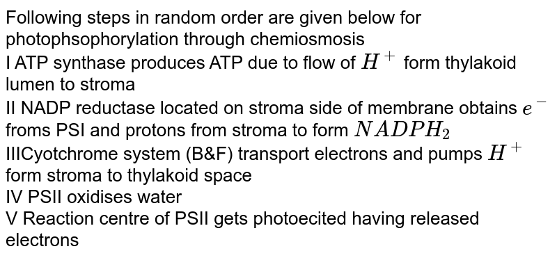 Following steps in random order are given below for photophsophorylation through chemiosmosis I ATP synthase produces ATP due to flow of H^(+) form thylakoid lumen to stroma II NADP reductase located on stroma side of membrane obtains e^(-) froms PSI and protons from stroma to form NADPH_(2) IIICyotchrome system (B&F) transport electrons and pumps H^(+) form stroma to thylakoid space IV PSII oxidises water V Reaction centre of PSII gets photoecited having released electrons