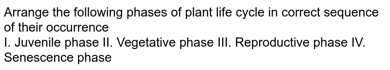 Arrange the following phases of plant life cycle in correct sequence of their occurrence I. Juvenile phase II. Vegetative phase III. Reproductive phase IV. Senescence phase