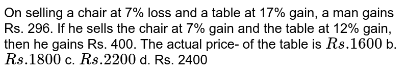 On selling a
  chair at 7% loss and a table at 17% gain, a man gains Rs. 296. If he sells
  the chair at 7% gain and the table at 12% gain, then he gains Rs. 400. The
  actual price- of the table is
`R s .1600`
b. `R s .1800`
c. `R s .2200`
d. Rs. 2400