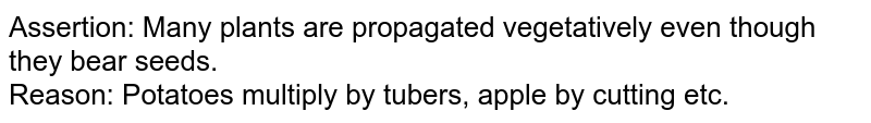 Assertion: Many plants are propagated vegetatively even though they bear seeds. Reason: Potatoes multiply by tubers, apple by cutting etc.