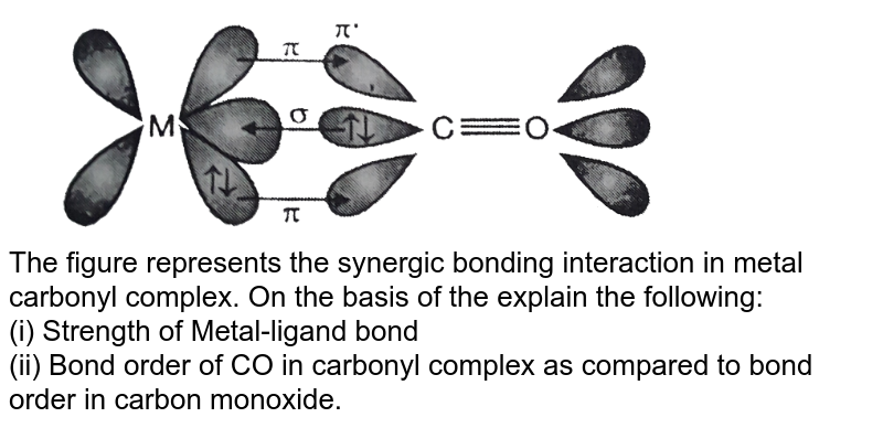 The figure represents the synergic bonding interaction in metal carbonyl complex. On the basis of the explain the following: (i) Strength of Metal-ligand bond (ii) Bond order of CO in carbonyl complex as compared to bond order in carbon monoxide.