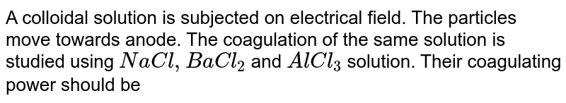 A colloidal solution is subjected on electrical field. The particles move towards anode. The coagulation of the same solution is studied using `NaCl, BaCl_(2)` and `AlCl_(3)` solution. Their coagulating power should be 