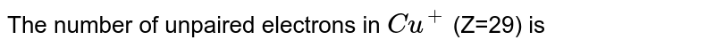 The number of unpaired electrons in Cu^(+) (Z=29) is