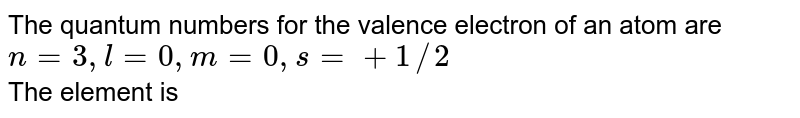 The quantum numbers for the valence electron of an atom are n=3,l=0,m=0, s=+1//2 The element is