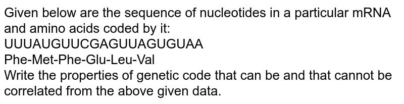 Given below are the sequence of nucleotides in a particular mRNA and amino acids coded by it: UUUAUGUUCGAGUUAGUGUAA Phe-Met-Phe-Glu-Leu-Val Write the properties of genetic code that can be and that cannot be correlated from the above given data.