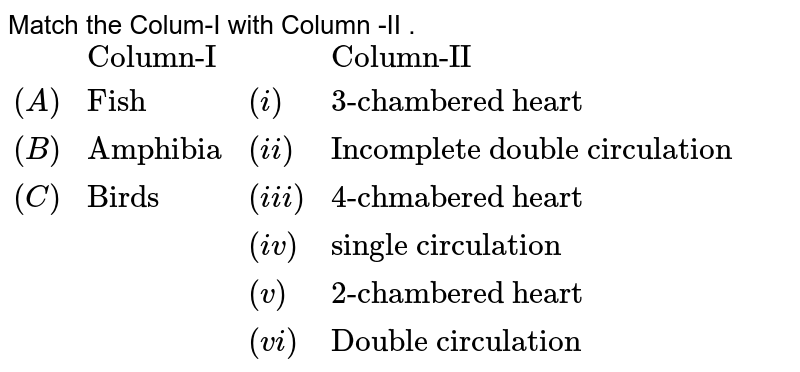 Match the Colum-I with Column -II . {:(,"Column-I",,"Column-II"),((A),"Fish",(i),"3-chambered heart "),((B),"Amphibia",(ii) ,"Incomplete double circulation"),((C ) ,"Birds",(iii),"4-chmabered heart"),(,,(iv),"Single circulation"),(,,(v),"2-chambered heart"),(,,(vi),"Double circulation"):}