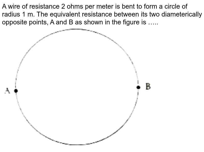 A wire of resistance 2 ohms per meter is bent to form a circle of radius 1 m. The equivalent resistance between its two diameterically opposite points, A and B as shown in the figure is …..