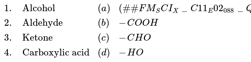 {:(1.,"Alcohol",(a),(##FM_SCI_X_C11_E02_088_Q01##)),(2.,"Aldehyde",(b),- COOH),(3.,"Ketone",(c),- CHO),(4.,"Carboxylic acid",(d),- HO):}