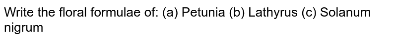 Write the floral formulae of: (a) Petunia (b) Lathyrus (c) Solanum nigrum