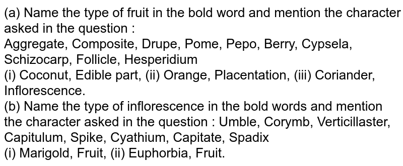 (a) Name the type of fruit in the bold word and mention the character asked in the question : Aggregate, Composite, Drupe, Pome, Pepo, Berry, Cypsela, Schizocarp, Follicle, Hesperidium (i) Coconut, Edible part, (ii) Orange, Placentation, (iii) Coriander, Inflorescence. (b) Name the type of inflorescence in the bold words and mention the character asked in the question : Umble, Corymb, Verticillaster, Capitulum, Spike, Cyathium, Capitate, Spadix (i) Marigold, Fruit, (ii) Euphorbia, Fruit.