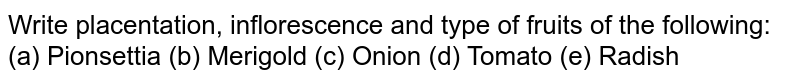 Write placentation, inflorescence and type of fruits of the following: (a) Pionsettia (b) Merigold (c) Onion (d) Tomato (e) Radish