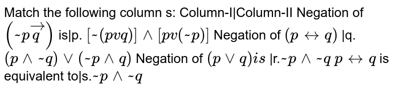 Match the following column s: Column-I|Column-II Negation of (~ pvecq) is|p. [~(p v q)]^^[p v(~ p)] Negation of (pharrq) |q.(p^^~ q)vv(~ p^^q) Negation of (pvvq)i s |r.~ p^^~ q pharrq is equivalent to|s.~ p^^~ q