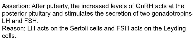 Assertion: After puberty, the increased levels of GnRH acts at the posterior pituitary and stimulates the secretion of two gonadotropins LH and FSH. Reason: LH acts on the Sertoli cells and FSH acts on the Leyding cells.