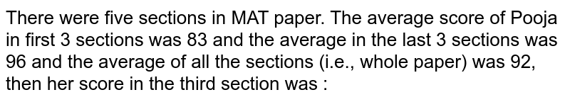 There were five sections in MAT paper. The average score of Pooja in first 3 sections was 83 and the average in the last 3 sections was 96 and the average of all the sections (i.e., whole paper) was 92, then her score in the third section was :