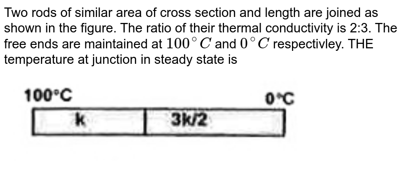 Two rods of similar area of cross section and length are joined as shown in the figure. The ratio of their thermal conductivity is 2:3. The free ends are maintained at `100^(@)C` and `0^(@)C` respectivley. THE temperature at junction in steady state is <br> <img src="https://d10lpgp6xz60nq.cloudfront.net/physics_images/FIITJEE_PHY_MB_04_C01_E03_004_Q01.png" width="80%"> 