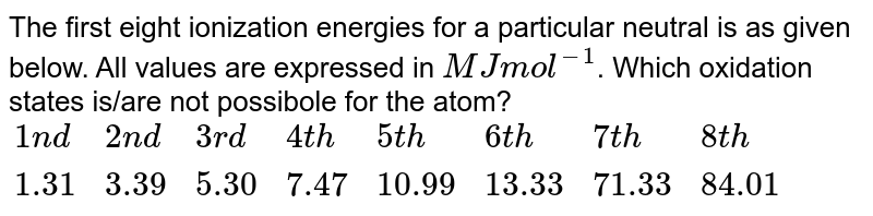 The first eight ionization energies for a particular neutral is as given below. All values are expressed in MJ mol^(-1) . Which oxidation states is/are not possibole for the atom? {:(1nd, 2nd, 3rd, 4th, 5th,6th,7th,8th),(1.31,3.39,5.30,7.47,10.99,13.33,71.33,84.01):}