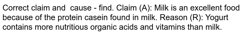 Correct claim and ‌ cause‌ - find. Claim (A): Milk is an excellent food because of the protein casein found in milk. Reason (R): Yogurt has more nutritious organic acids and vitamins than milk.