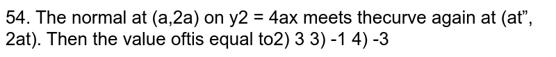 The normal at `(a,2a)` on `y^2 = 4ax` meets the curve again at `(at^2, 2at)`. Then the value of `t=`