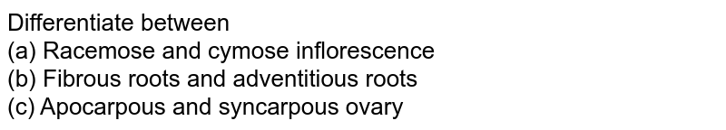 Differentiate between (a) Racemose and cymose inflorescence (b) Fibrous roots and adventitious roots (c) Apocarpous and syncarpous ovary