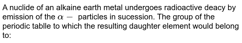 A nuclide of an alkaline earth metal undergoes radioactive decay by emissio of the alpha -particles in succession. The group of the periodic table to which the resulting daughter element would belong is