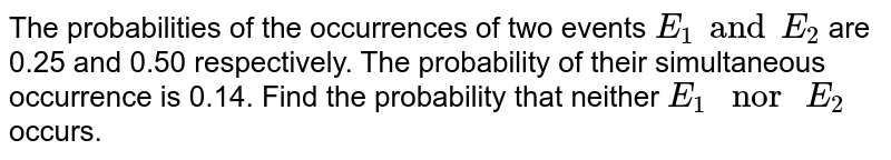 The probabilities of the occurrences of two events `E_(1) and E_(2)` are 0.25 and 0.50 respectively. The probability of their simultaneous occurrence is 0.14. Find the probability that neither `E_(1) " nor " E_(2)` occurs.