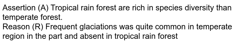 Assertion (A) Tropical rain forest are rich in species diversity than temperate forest. Reason (R) Frequent glaciations was quite common in temperate region in the part and absent in tropical rain forest