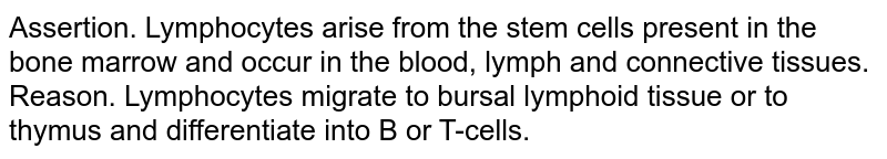 Assertion. Lymphocytes arise from the stem cells present in the bone marrow and occur in the blood, lymph and connective tissues. Reason. Lymphocytes migrate to bursal lymphoid tissue or to thymus and differentiate into B or T-cells.