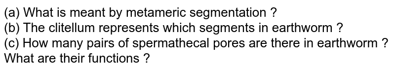 (a) What is meant by metameric segmentation ? (b) The clitellum represents which segments in earthworm ? (c) How many pairs of spermathecal pores are there in earthworm ? What are their functions ?