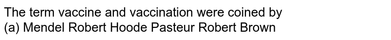 The term vaccine and vaccination were coined by (a) Mendel Robert Hoode Pasteur Robert Brown