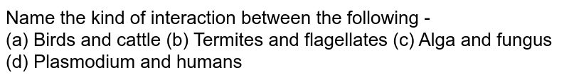 Name the kind of interaction between the following - (a) Birds and cattle (b) Termites and flagellates (c) Alga and fungus (d) Plasmodium and humans