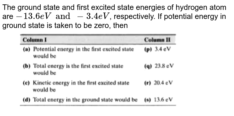 The ground state and first excited state energies of hydrogen atom are -13.6 eV and -3.4 eV , respectively. If potential energy in ground state is taken to be zero, then