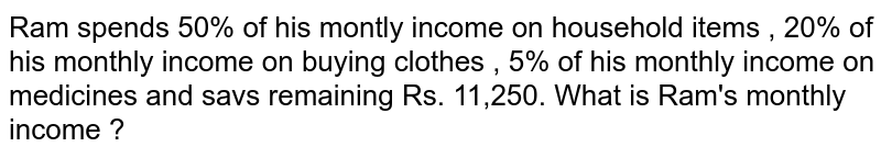 Ram spends 50% of his montly income on household items , 20% of his monthly income on buying clothes , 5% of his monthly income on medicines and savs remaining Rs. 11,250. What is Ram's monthly income ?