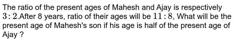 The ratio of the present ages of Mahesh and Ajay is respectively 3:2 .After 8 years, ratio of their ages will be 11:8 , What will be the present age of Mahesh's son if his age is half of the present age of Ajay ?