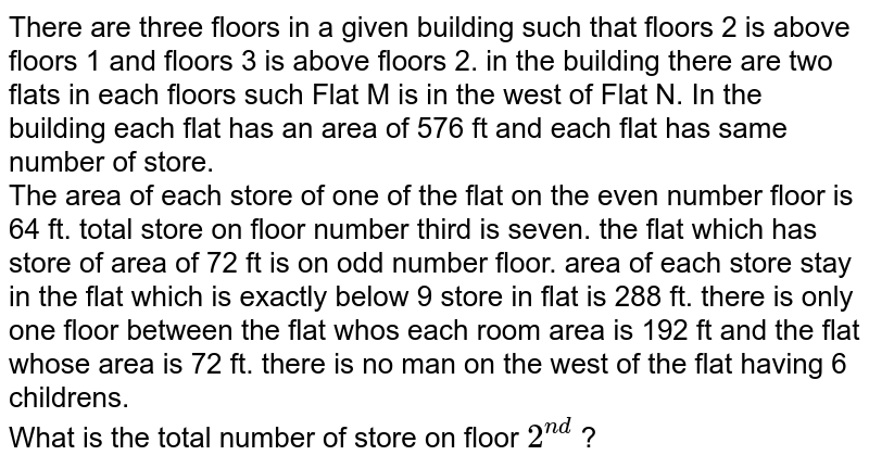 There are three floors in a given building such that floors 2 is above floors 1 and floors 3 is above floors 2. in the building there are two flats in each floors such Flat M is in the west of Flat N. In the building each flat has an area of 576 ft and each flat has same number of store. The area of each store of one of the flat on the even number floor is 64 ft. total store on floor number third is seven. the flat which has store of area of 72 ft is on odd number floor. area of each store stay in the flat which is exactly below 9 store in flat is 288 ft. there is only one floor between the flat who's each room area is 192 ft and the flat whose area is 72 ft. there is no man on the west of the flat having 6 childrens. What is the area of a store in M on floor 2 ?