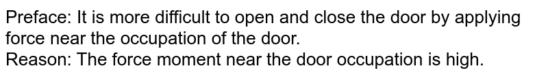 Preface: It is more difficult to open and close the door by applying force near the occupation of the door. Reason: The force moment near the door occupation is high.
