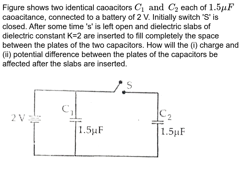 Figure shows two identical capacitors C1 and C2 each of 1μF capaci