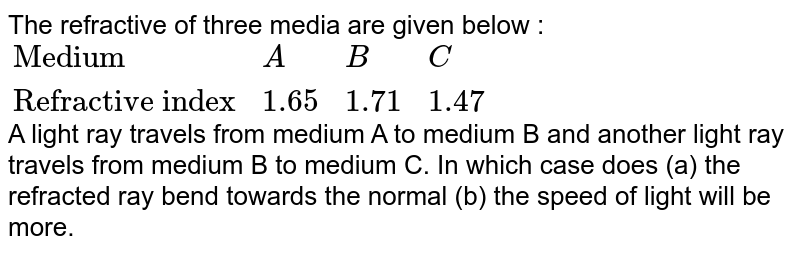 The refractive of three media are given below : {:("Medium",A,B,C),("Refractive index",1.65,1.71,1.47):} A light ray travels from medium A to medium B and another light ray travels from medium B to medium C. In which case does (a) the refracted ray bend towards the normal (b) the speed of light will be more.