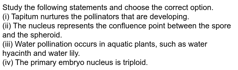 Study the following statements and select the correct option. (i) The tapetum feeds the developing pollen grains. (ii) The nucleus represents the point of meeting between the ovule and the ovule. (iii) Water pollination occurs in aquatic plants like water hyacinth and water lily. (iv) The primary endosperm nucleus is triploid.
