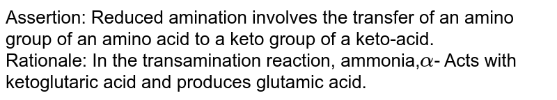 Assertion: Reduced amination involves the transfer of an amino group of an amino acid to a keto group of a keto-acid. Rationale: In the transamination reaction, ammonia, alpha - Acts with ketoglutaric acid and produces glutamic acid.