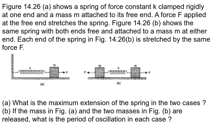 Figure a) shows a spring of force constant k clamped rigidly at once end and a mass m attached to its free end. A force F applied at the free end stretches the spring. Figure b) shows the same spring with both ends free and attached to a mass m at either end. Each end of the spring in figure is stretched by the same force F. <br> (a) What is the maximum extension of the spring in the two cases ? <br> (b) If the mass in figure and the two masses in figure are released free, what is the period of oscillation in each case? <br> <img src="https://d10lpgp6xz60nq.cloudfront.net/physics_images/PR_XI_V02_C10_S01_440_Q01.png" width="80%">