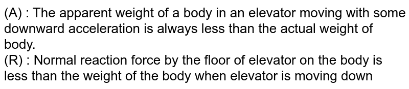 (A) : The apparent weight of a body in an elevator moving with some downward acceleration is always less than the actual weight of body.  <br> (R) : Normal reaction force by the floor of elevator on the body is less than the weight of the body when elevator is moving down