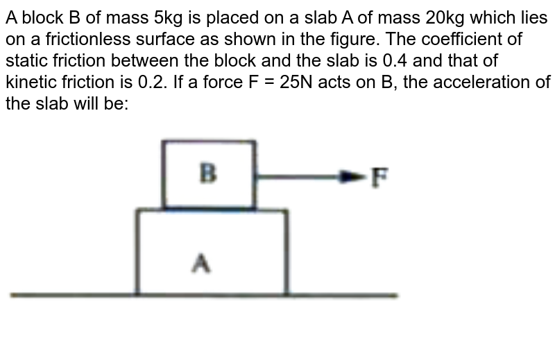 A block B of mass 5kg is placed on a slab A of mass 20kg which lies on a frictionless surface as shown in the figure. The coefficient of static friction between the block and the slab is 0.4 and that of kinetic friction is 0.2. If a force F = 25N acts on B, the acceleration of the slab will be:
