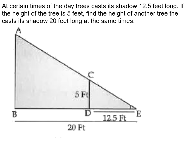At certain times of the day trees casts its shadow 12.5 feet long. If the height of the tree is 5 feet, find the height of another tree the casts its shadow 20 feet long at the same times. <br> <img src="https://d10lpgp6xz60nq.cloudfront.net/physics_images/OSW_QB_MAT_X_C02_E01_035_Q01.png" width="80%">